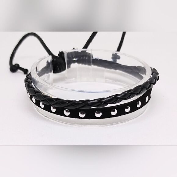 Men's bracelet leather layered black new e32 - Picture 1 of 1